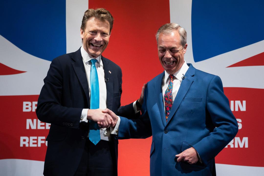 London, UK. 30th May, 2024. Leader of Reform UK Richard Tice and Honorary President of Reform UK Nigel Farage shake hands at a press conference centred around immigration in London. Honorary President of Reform UK Britain will go to the polls on July 4th after Prime Minister Rishi SunakÃ-s decision to call a snap general election last week. (Credit Image: © Tejas Sandhu/SOPA Images via ZUMA Press Wire) EDITORIAL USAGE ONLY! Not for Commercial USAGE!