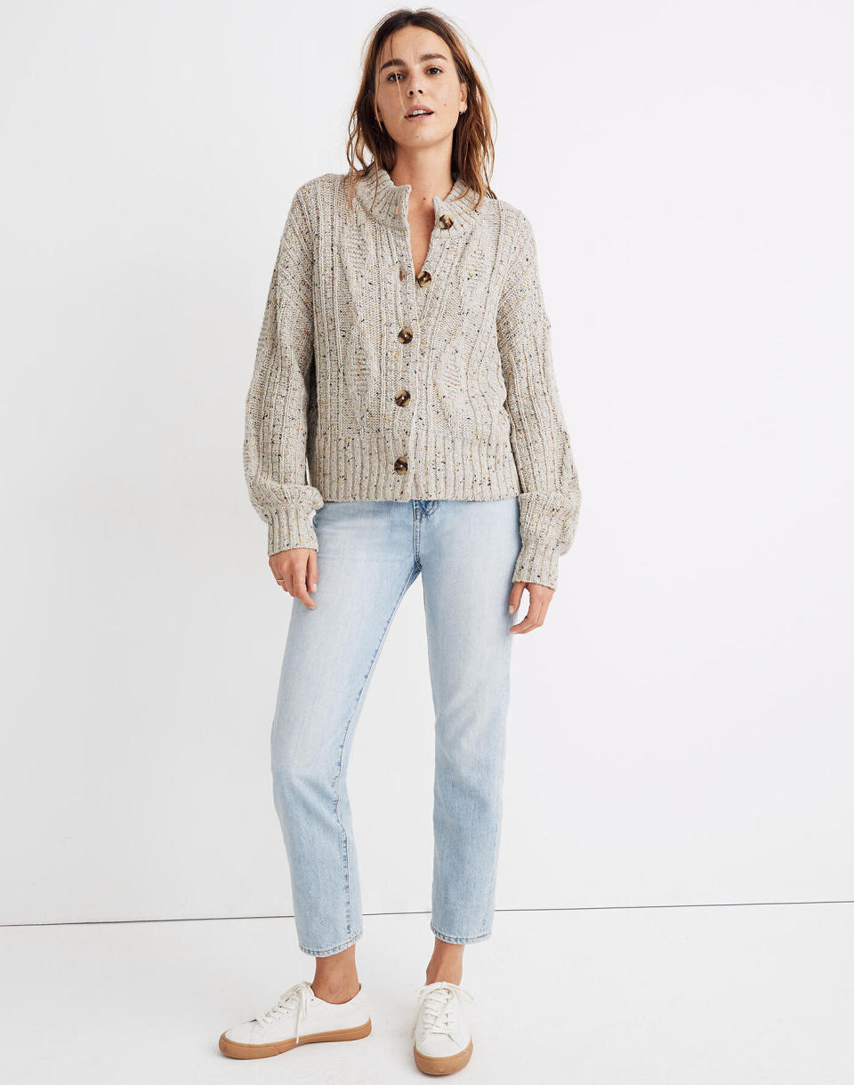 Get the <a href="https://www.madewell.com/maguire-cardigan-sweater-AC801.html?dwvar_AC801_color=GY0082&amp;cgid=apparel-sweaters-cardigans&amp;position=8&amp;position=8&amp;activeChunk=0#start=1" target="_blank" rel="noopener noreferrer">Madewell Maguire cardigan sweater for $98</a>.