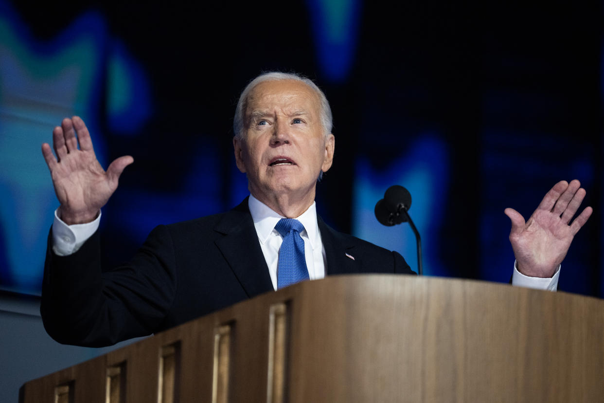 UNITED STATES - AUGUST 19: President Joe Biden addresses the Democratic National Convention at the United Center in Chicago, Ill., on Monday, August 19, 2024. (Tom Williams/CQ-Roll Call, Inc via Getty Images)