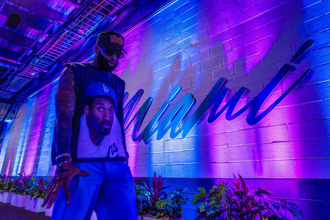 American football player Odell Beckham Jr. walks toward the team village ahead of Formula One Miami Grand Prix Race at the Miami International Autodrome.