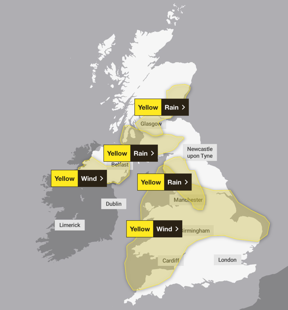 There are five yellow weather warnings in place on Saturday as Storm Elin and Fergus batter the UK (Met Office)