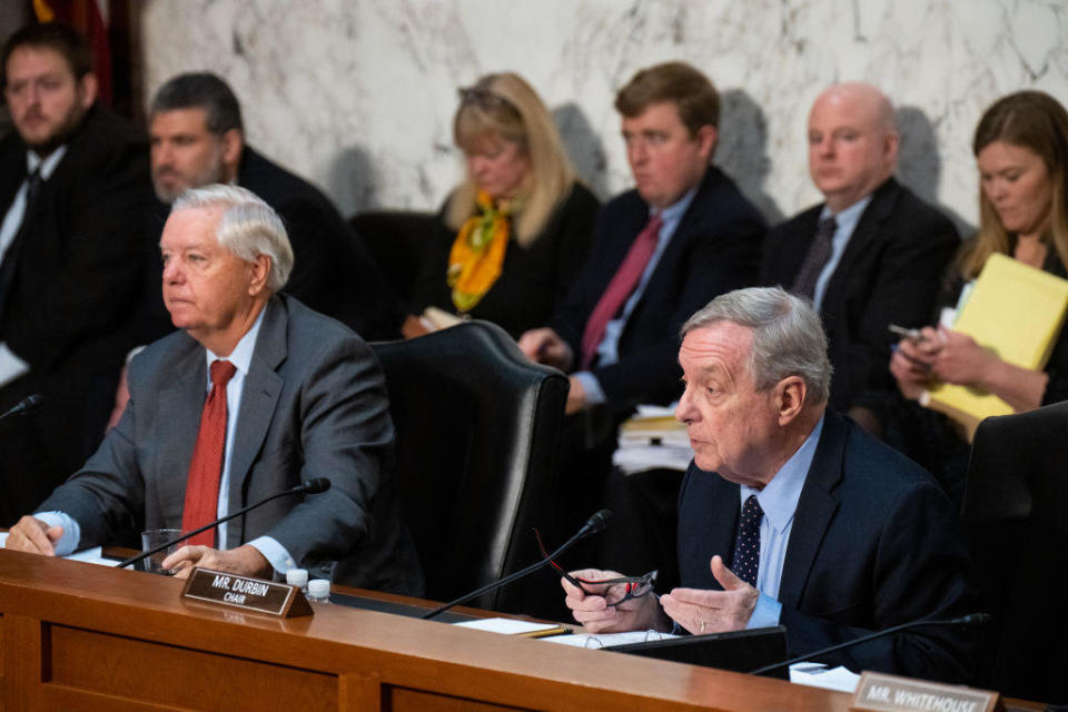 Senate Judiciary Committee Chairman Richard Durbin speaks as ranking member Lindsey Graham listens during a committee meeting on Thursday, Nov. 30, 2023. / Credit: Bill Clark/CQ-Roll Call, Inc via Getty Images