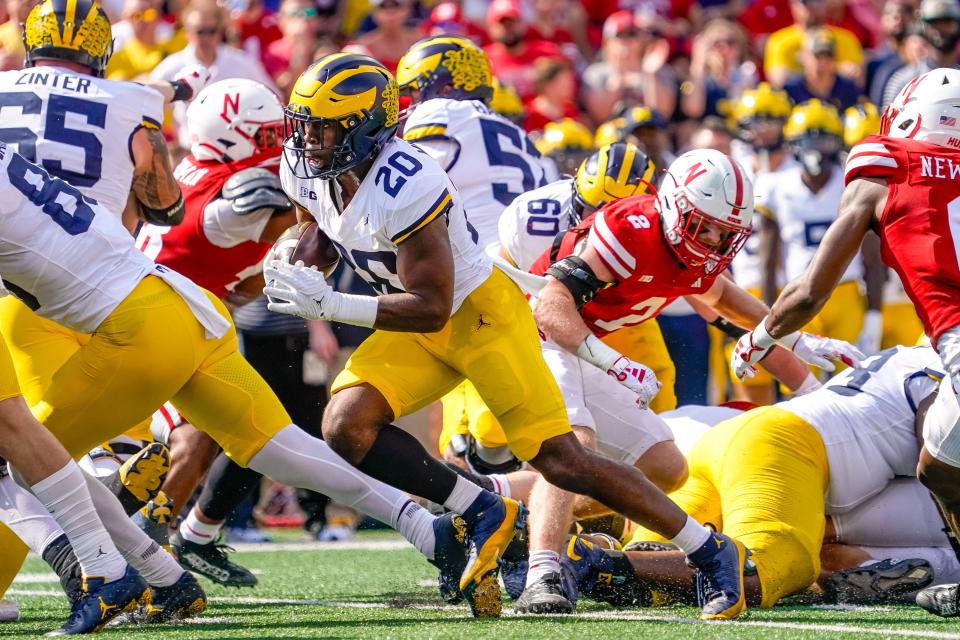 Michigan running back Kalel Mullings runs for a touchdown against Nebraska during the first quarter on Saturday, Sept. 30, 2023, in Lincoln, Nebraska.