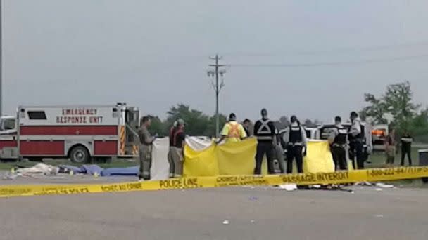 PHOTO: First responders secure the area at the crash scene near Carberry, Manitoba, Canada, June 15, 2023, in this still image obtained from a social media video. (Portageonline/mike Blume via Reuters)