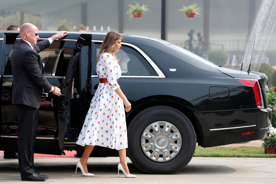 U.S. first lady Melania Trump walks out of a car ahead of the meeting with India's Prime Minister Narendra Modi at Hyderabad House in New Delhi, India, February 25, 2020. REUTERS/Adnan Abidi