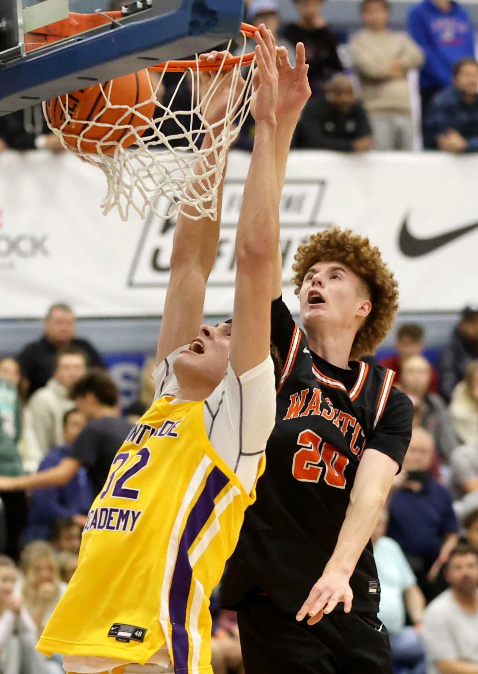Montverde Academy’s Cooper Flagg dunks the ball in front of Wasatch Academy’s Fischer Brown during the National Hoopfest Utah Tournament at Pleasant Grove High School in Pleasant Grove on Monday, Nov. 20, 2023. Montverde won 88-53. | Kristin Murphy, Deseret News