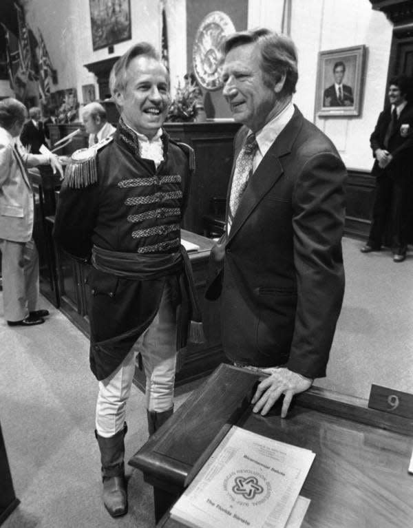 Senator Mallory Horne in Andrew Jackson costume and Senate President Dempsey Barron at Springtime Tallahassee - Tallahassee, Florida. 1976.