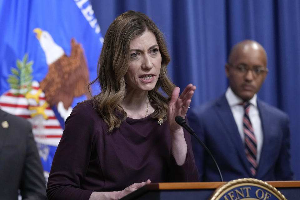 DEA Administrator Anne Milgram, left, speaks as United States Attorney for the Southern District of New York Damian Williams, right, listens during a news conference at the Justice Department in Washington, Friday, April 14, 2023. The Justice Department has charged 28 members of Mexico’s powerful Sinaloa cartel, including sons of notorious drug lord Joaquin “El Chapo” Guzman, in a sprawling fentanyl-trafficking investigation. (AP Photo/Susan Walsh)