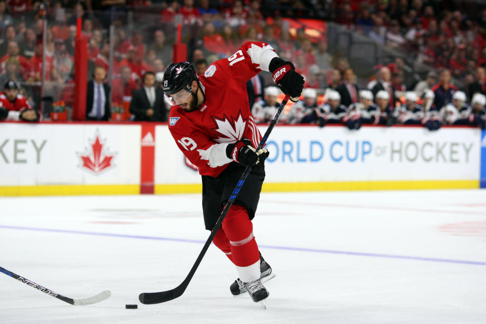 10 September 2016: Tyler Seguin (19) with a nice move across the blue line during a game between Team Canada and Team USA during World Cup of Hockey Pre-Tournament action at Canadian Tire Centre in Ottawa, On. (Photo by Jay Kopinski/Icon Sportswire via Getty Images)