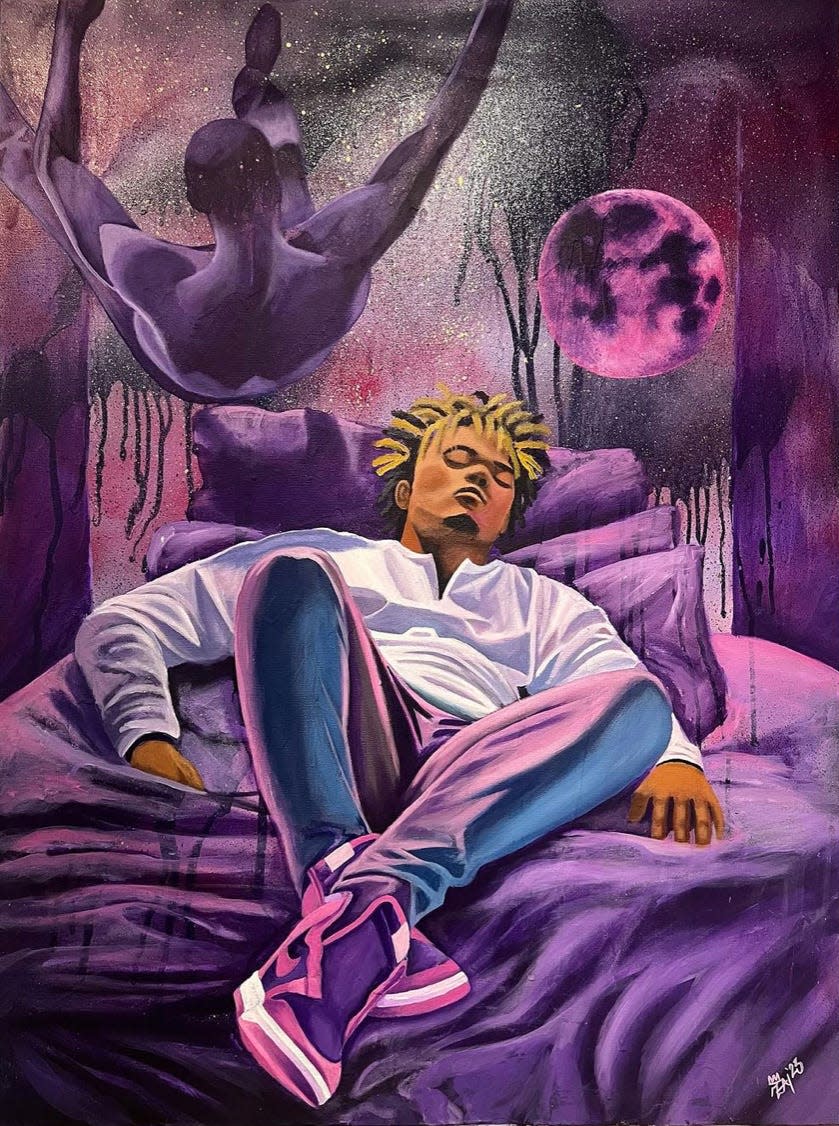 Peaceful Nightmare by Zay Hutchins is on view as part of the exhibition Dripping Crown Chronicles at The Sentient Bean, 13 E. Park Ave.