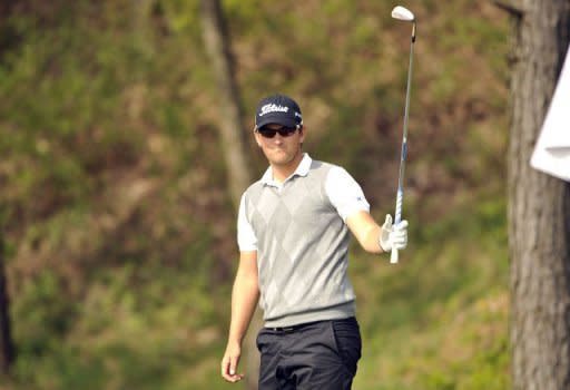 Bernd Wiesberger of Austria plays at the Blackstone Golf Club during the Ballantine's Championship in Seoul on April 28. Wiesberger was within a round of claiming his maiden European Tour victory after running away with the lead