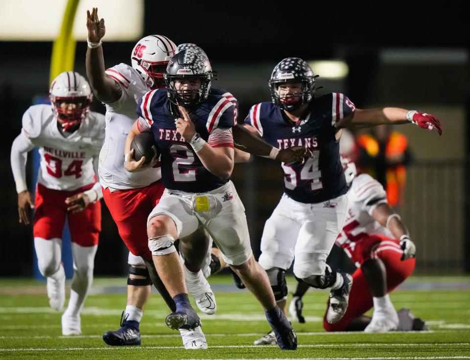 Wimberley quarterback Cody Stoever, breaking loose for a big game against Bellville in the Class 4A state semifinals, was responsible for 73 total touchdowns this season and more than 4,500 total yards. He's the American-Statesman's offensive player of the year on the annual All-Central Texas Football Team.