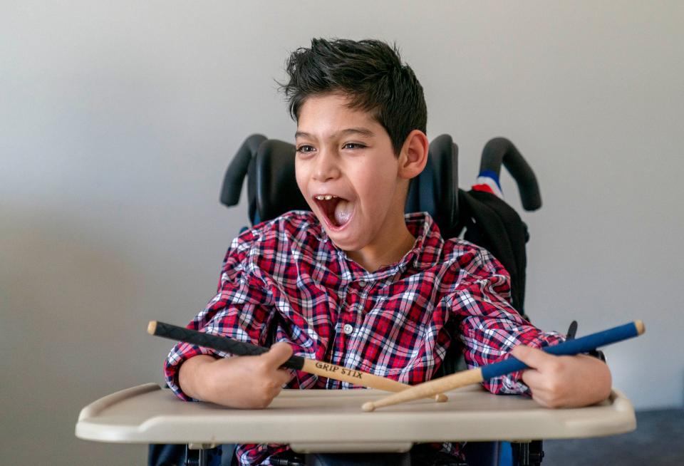 Liam Cruz, 11, loves to drum in his wheelchair. He has a rare genetic disorder called Allan-Herndon-Dudley syndrome, or MCT8 Deficiency.