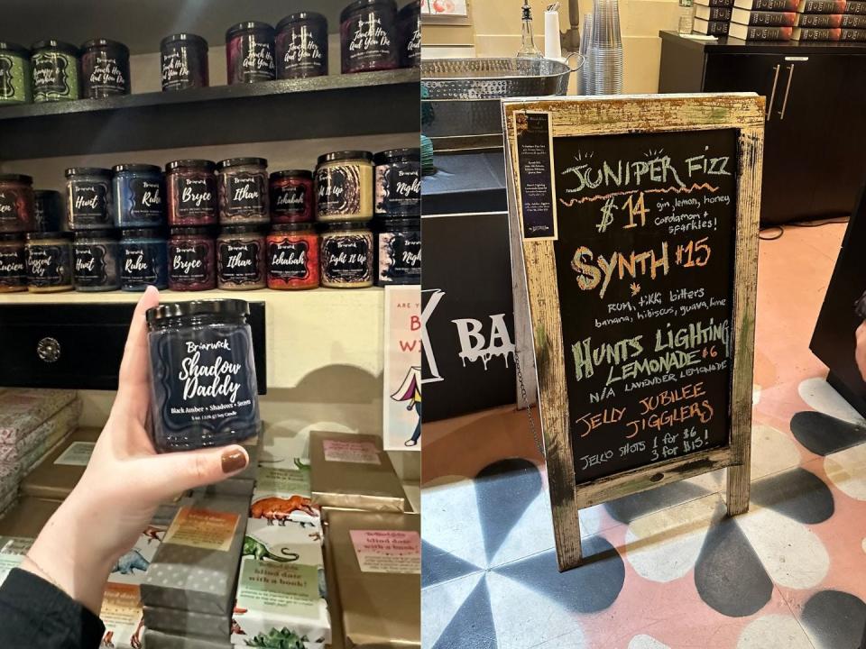 A side-by-side of a candle called "Shadow Daddy" and a chalk board with drink names on it.