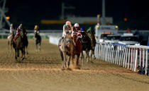 Horse Racing - Dubai World Cup - Meydan Racecourse, Dubai - 25/3/17 - Mike Smith rides Arrogate to the finish line to win the ninth and final race. REUTERS/Ahmed Jadallah