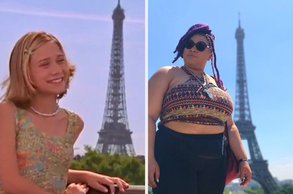 An Olsen twin is on the left posing in front of Eiffel Tower with a woman on the right in the same position