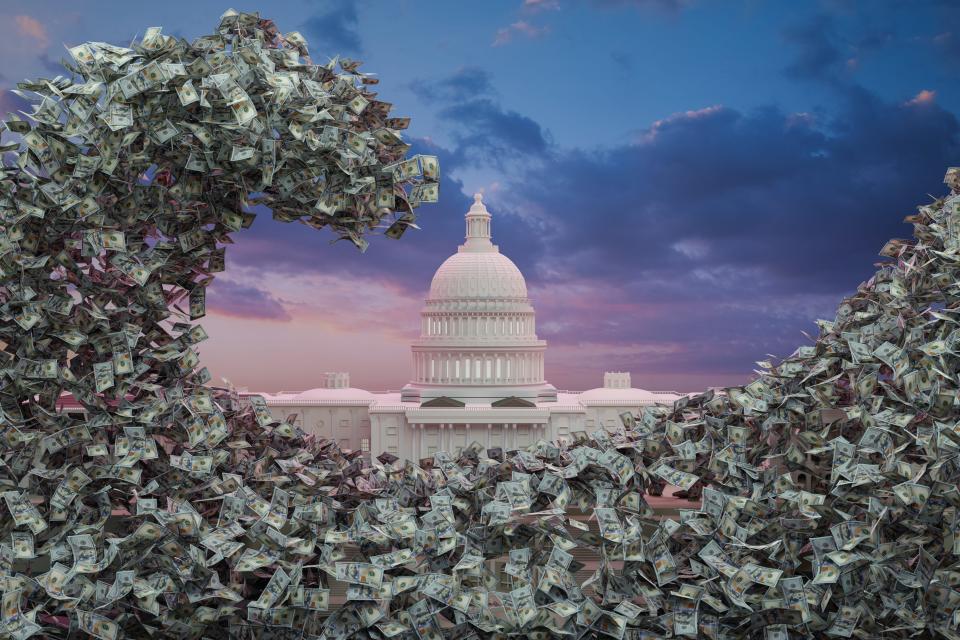 Computer graphics of dollar banknotes stream flying around United States Capitol. Colorful twilight sky with clouds in backgrounds