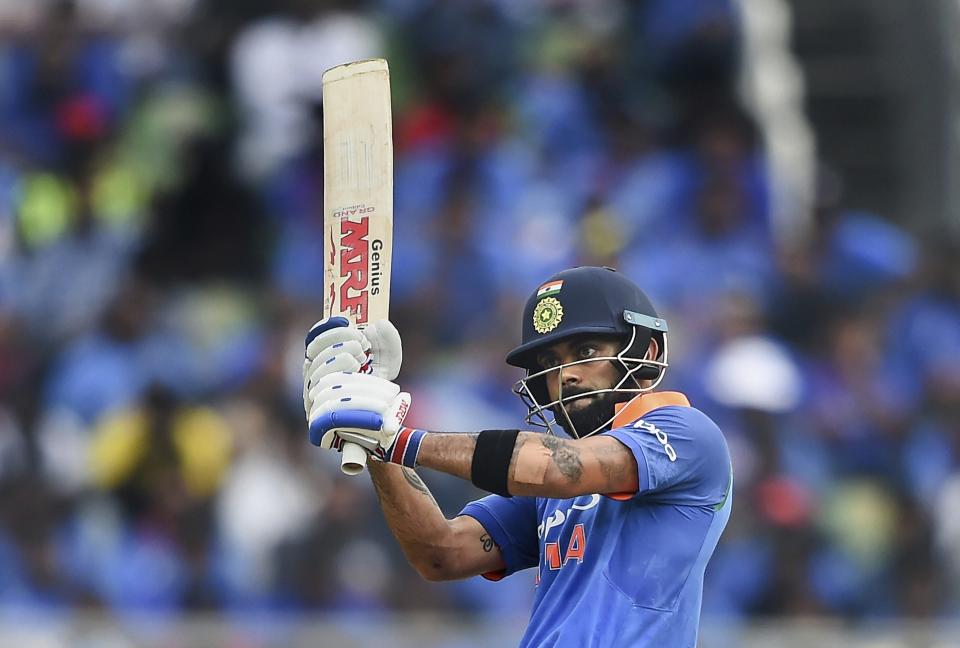 Thiruvananthapuram: Indian batsman Virat Kohli plays a shot during the 5th and final ODI cricket match against West Indies at Greenfield International Stadium, in Thiruvananthapuram, Thursday, Nov. 01, 2018. (PTI Photo/R Senthil Kumar)(PTI11_1_2018_000154A)