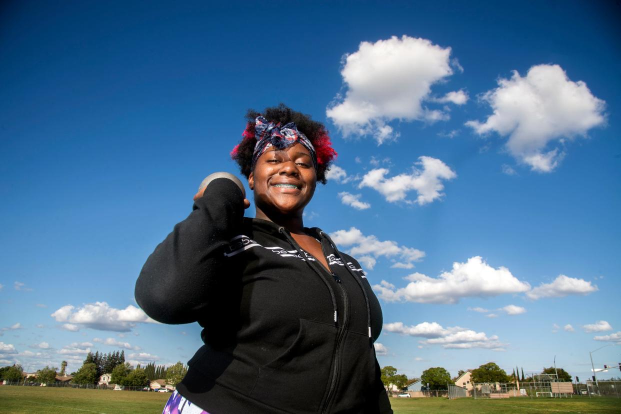 Galadriel Mellion throws shot and discus for the Weston Ranch High School track and field team.