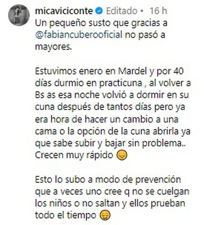 Mica Viciconte contó el susto que se llevó con Luca luego de que se tiró de la cuna