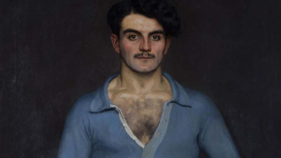 Traditionally men's body hair was only shown in art in certain instances — athletic portrayals being one — like this portrait of Fernand Forgues, captain of the Aviron Bayonnais, painted by Eugene Pascau in 1912. - A.Arnold/Musee Basque et de l'Histoire de Bayonne