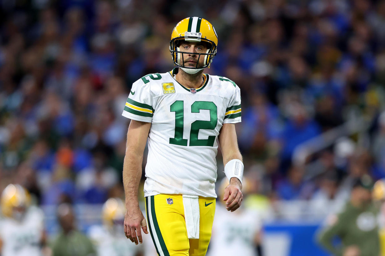 DETROIT, MICHIGAN - NOVEMBER 06: Aaron Rodgers #12 of the Green Bay Packers looks on in the first half of a game against the Detroit Lions at Ford Field on November 06, 2022 in Detroit, Michigan. (Photo by Rey Del Rio/Getty Images)