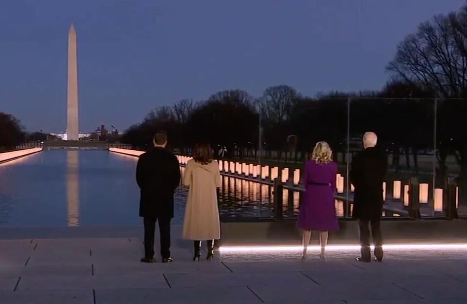 Joe Biden (right) with spouse Jill Biden and Kamala Harris (center) with spouse Doug Emhoff at the coronavirus memorial event at the Lincoln Memorial. (Photo: C-SPAN)