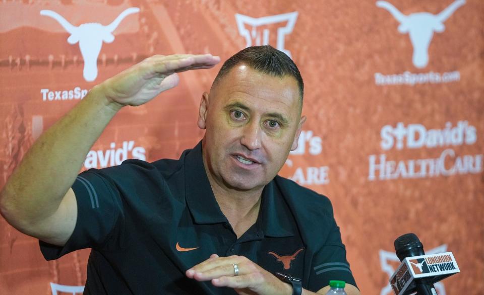 Longhorns Head coach Steve Sarkisian answers questions during the first press conferences for the 2023 football season in August.