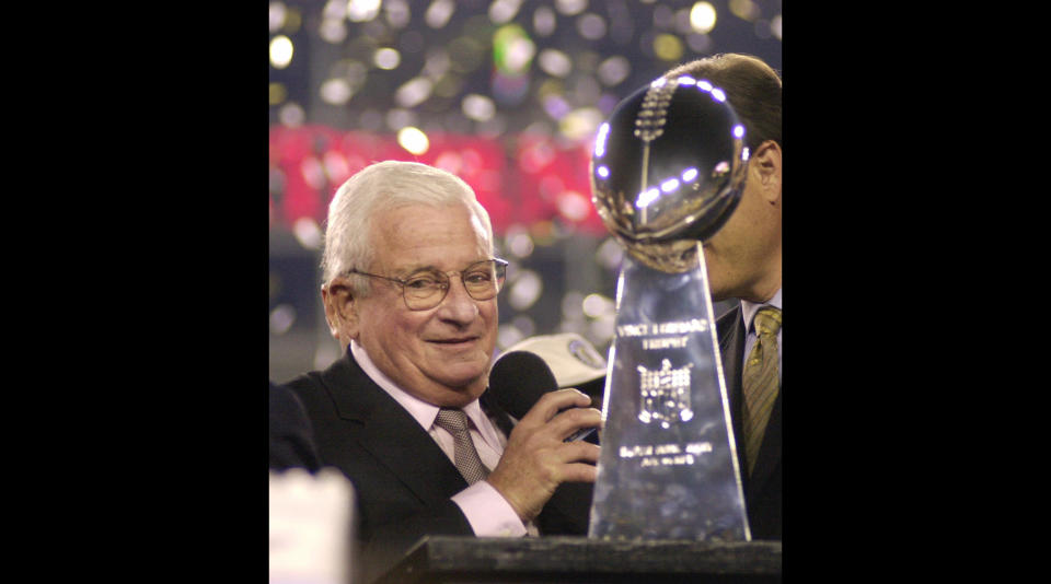 FILE - Baltimore Ravens owner Art Modell is seen with the Vince Lombardi Trophy after the Ravens beat the New York Giants 34-7 in Super Bowl XXXV in this Jan. 28, 2001 file photo taken in Tampa, Fla. The Baltimore Ravens said Modell died early Thursday Sept. 6, 2012 at Johns Hopkins Hospital, where he had been admitted Wednesday. A cause of death was not given. (AP Photo/Dave Martin, File)