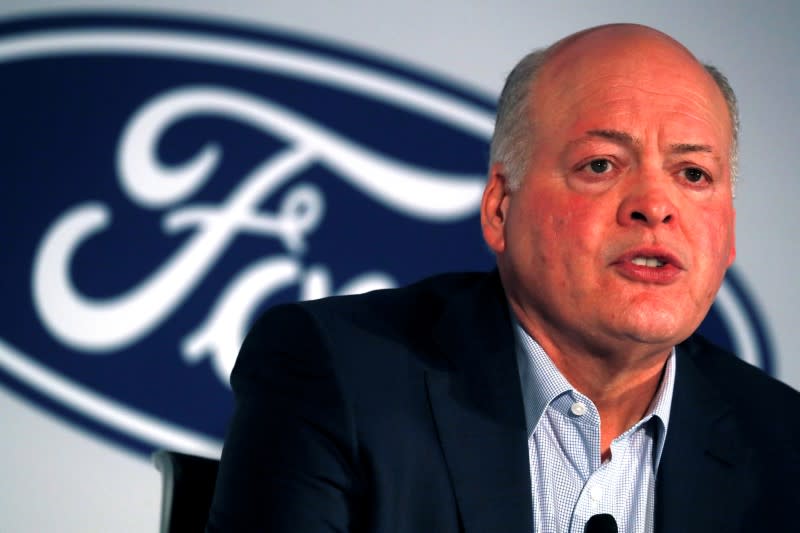 FILE PHOTO: Ford President and CEO Jim Hackett speaks at a news conference in New York