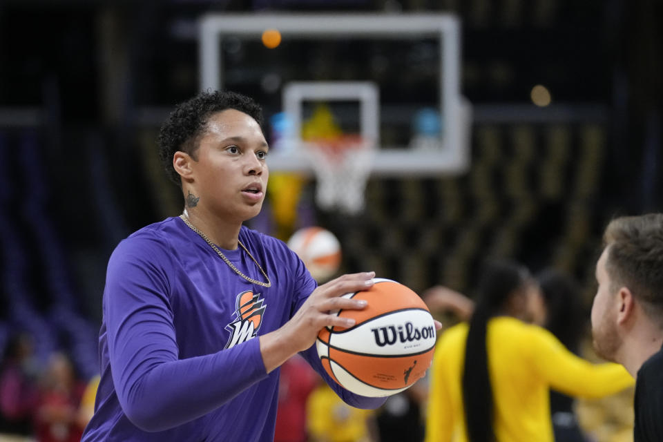 Phoenix Mercury center Brittney Griner (42) warms up before a WNBA basketball game against the Los Angeles Sparks in Los Angeles, Friday, May 19, 2023. (AP Photo/Ashley Landis)