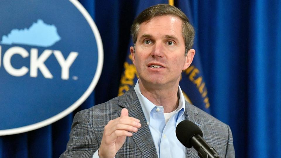 PHOTO: Kentucky Gov. Andy Beshear speaks in the Rotunda of the state Capitol, Mar. 26, 2024, in Frankfort, Ky.  (Timothy D. Easley/AP)