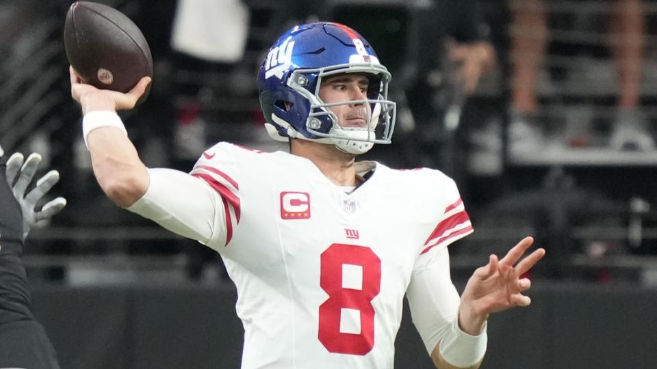 November 5, 2023;  Paradise, Nevada, USA;  New York Giants quarterback Daniel Jones (8) passes the ball against the Las Vegas Raiders during the first quarter at Allegiant Stadium.  Mandatory Credit: Kyle Terada-USA TODAY Sports