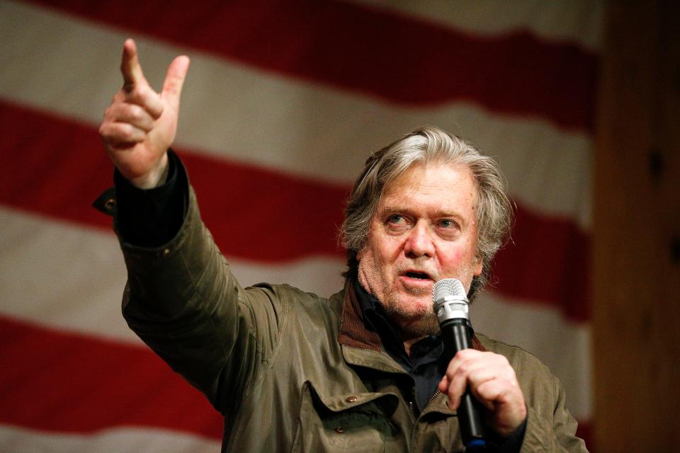 Former White House strategist Steve Bannon speaks during a rally for U.S. Senate hopeful Roy Moore, Tuesday in Fairhope, Ala.