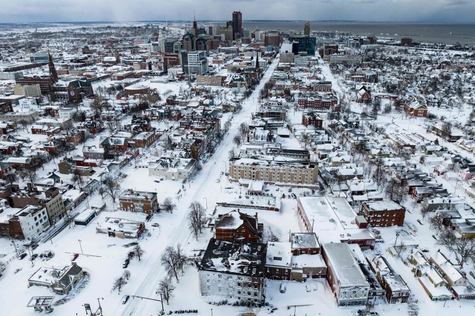 Snow blankets Buffalo, New York, on Dec. 25, 2022, in this aerial drone photo.