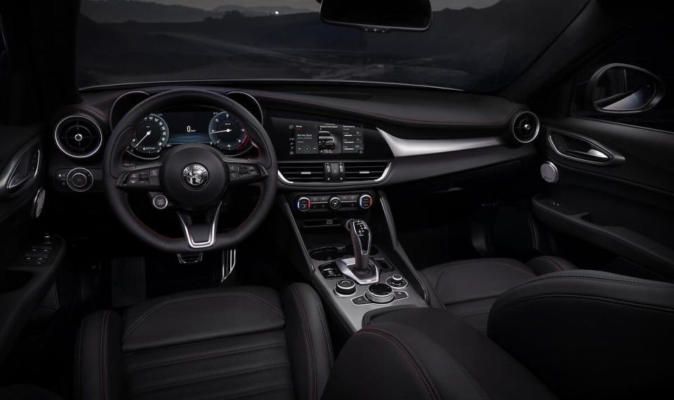 <p>Alfa Romeo's 8.8-inch touchscreen infotainment system can be found in all Giulias between the dashtop and central climate-control vents. Standard features include three USB ports, an auxiliary input jack, in-dash navigation, and Bluetooth phone and audio connectivity.</p>