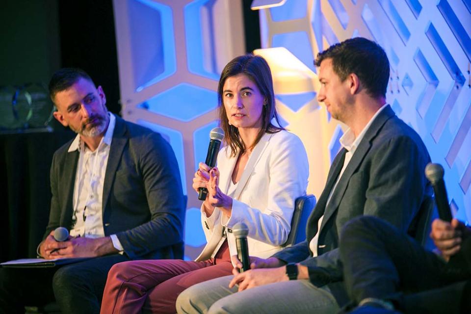 On the “Measuring Up” panel (from l.): moderator Daniel Punt, FTI Consulting, and panelists Lindsey Woodland, 605, and Tristan Webber, TVision.