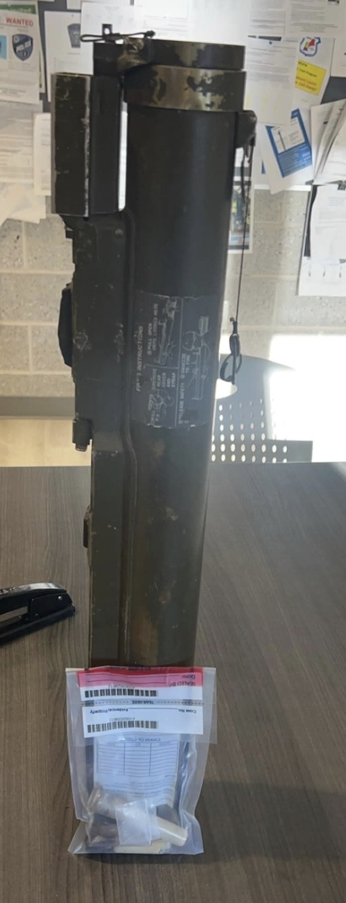 This photo provided by Sutton Police Department shows a U.S. Army rocket launcher found in a vehicle by Sutton Police on Wednesday, Feb. 21, 2024 in Sutton, Mass. Det. Alex Sinni said he was unnerved to find a U.S. Army rocket launcher when searching a suspicious truck for drugs. (Sutton Police Department via AP)