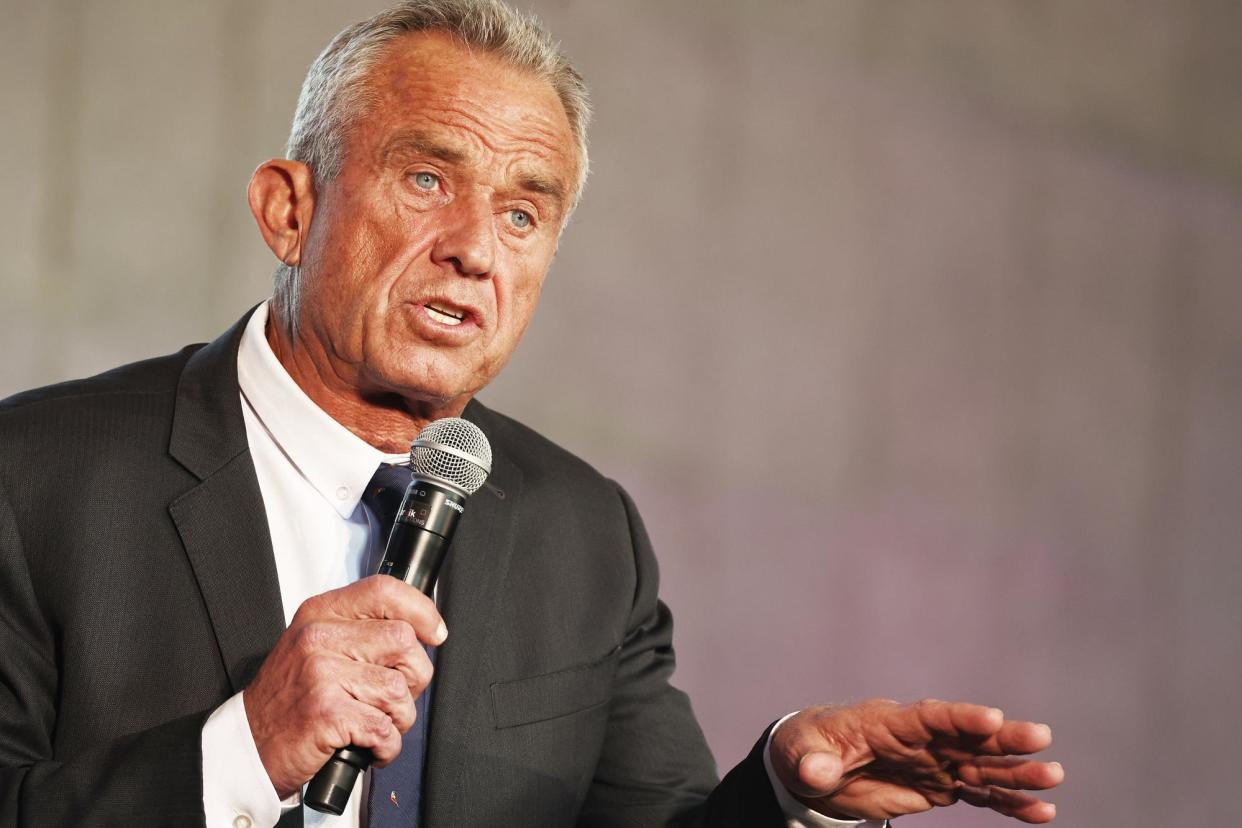 <span>Robert F Kennedy Jr speaks at an event at Union Station on 30 March 2024 in Los Angeles, California.</span><span>Photograph: Mario Tama/Getty Images</span>