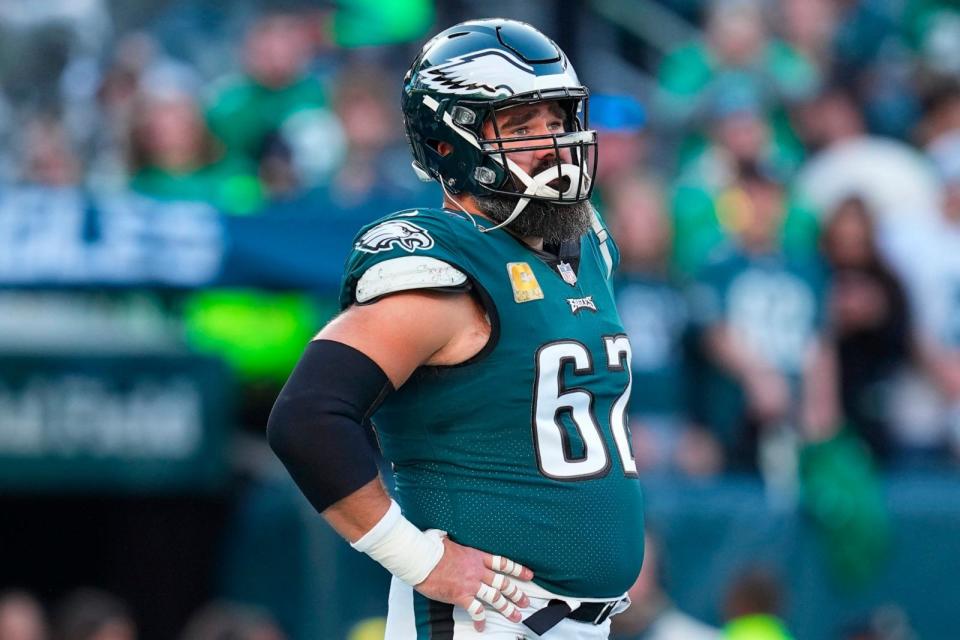 PHOTO: Jason Kelce #62 of the Philadelphia Eagles looks on against the Dallas Cowboys at Lincoln Financial Field on Nov. 5, 2023 in Philadelphia. (Mitchell Leff/Getty Images, FILE)