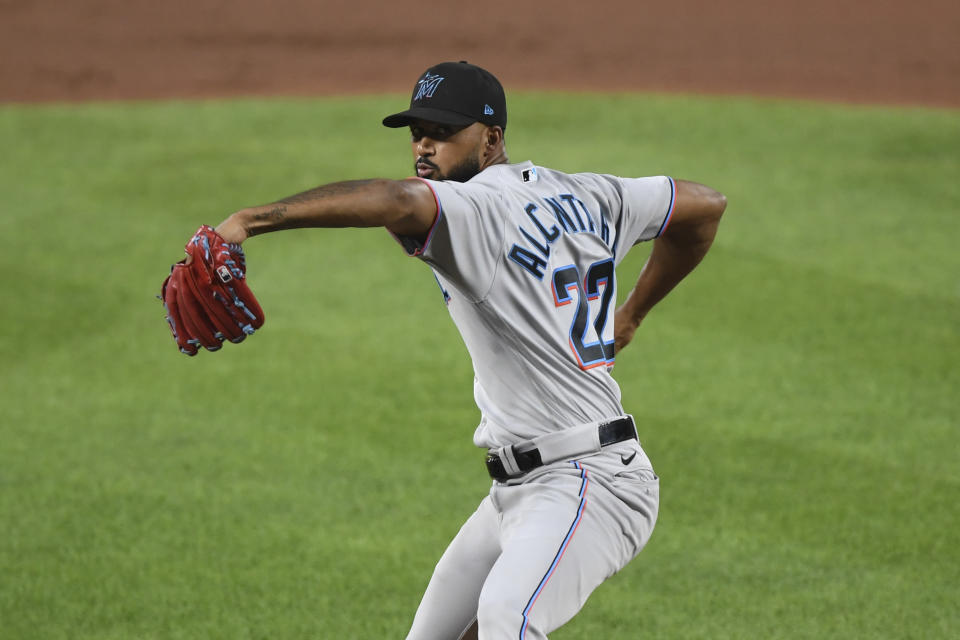 Miami Marlins starting pitcher Sandy Alcantara (22) throws during the fifth inning of the team's baseball game against the Baltimore Orioles on Tuesday, July 27, 2021, in Baltimore. (AP Photo/Terrance Williams)