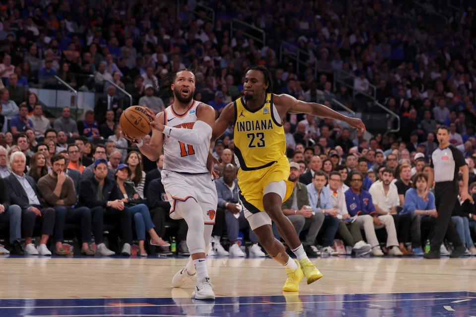 May 6, 2024; New York, New York, USA; New York Knicks guard Jalen Brunson (11) drives to the basket against Indiana Pacers forward Aaron Nesmith (23) during the second quarter of game one of the second round of the 2024 NBA playoffs at Madison Square Garden. Mandatory Credit: Brad Penner-USA TODAY Sports