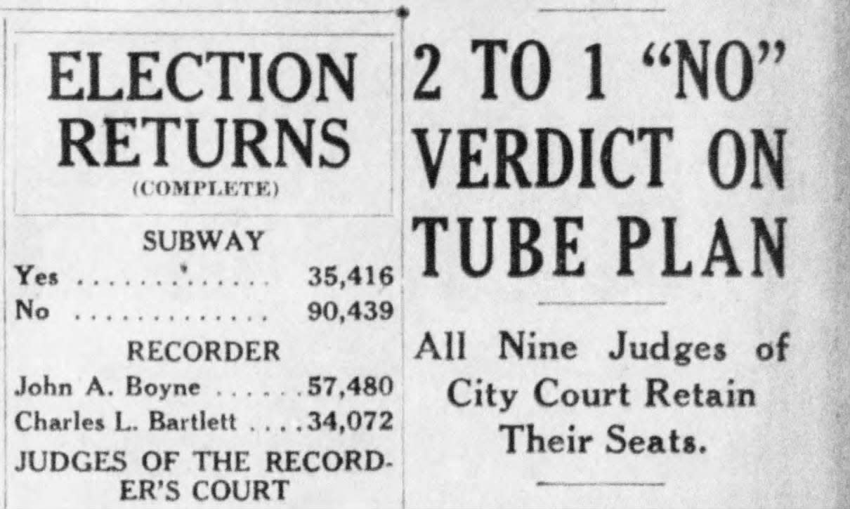 Detroiters resoundingly rejected a $54M plan for a Detroit subway and elevated rail system in April 1929.