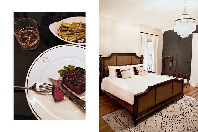 <p>Ashley Camper</p> From left: Oak-fired steak with asparagus at Repeal, the restaurant at Louisvilleâ€™s Hotel Distil; a guest room at Dant Crossing, in Gethsemane.