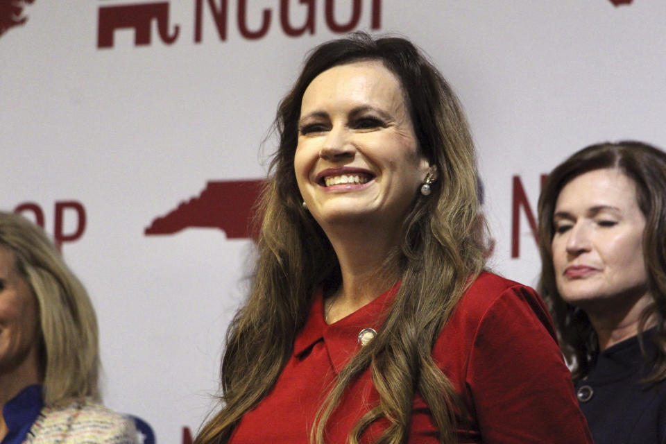 North Carolina state Rep. Tricia Cotham announces she is switching affiliation to the Republican Party at a news conference Wednesday, April 5, 2023, at the North Carolina Republican Party headquarters in Raleigh, N.C. The change gives Republican state legislators a veto-proof supermajority in both chambers. (AP Photo/Hannah Schoenbaum)