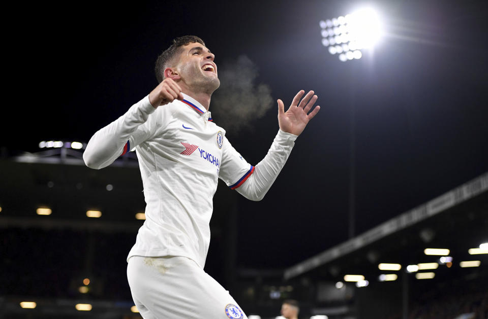 What was that about a slow start? Christian Pulisic celebrated this first of his two goals for Chelsea against Burnley on Saturday. (AP)