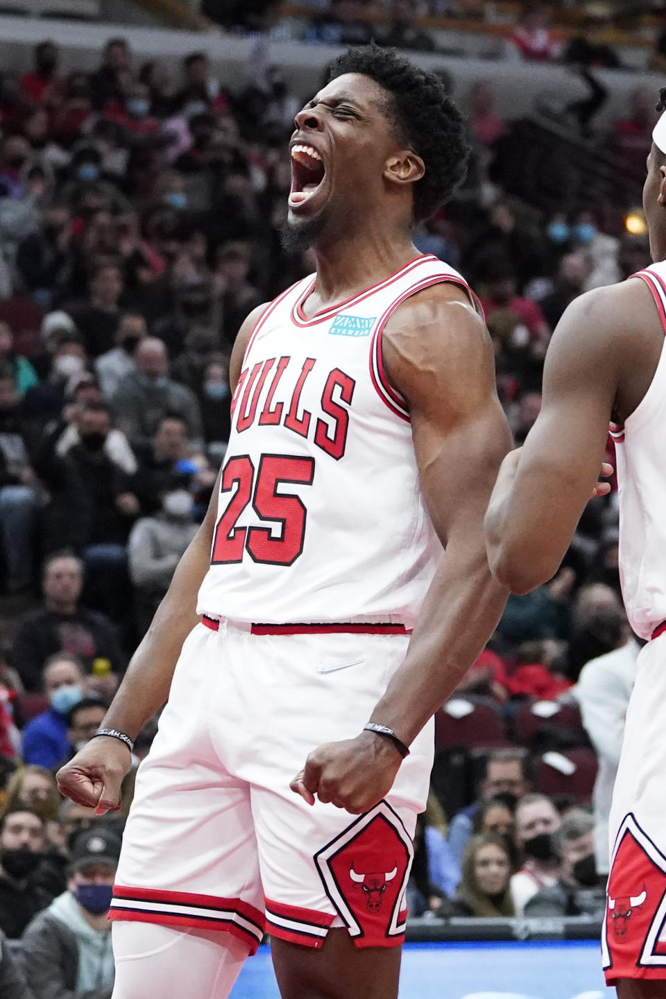 Chicago Bulls forward Tyler Cook reacts after scoring a basket during the second half of an NBA basketball game against the Atlanta Hawks in Chicago, Wednesday, Dec. 29, 2021. The Bulls won 131-117. (AP Photo/Nam Y. Huh)