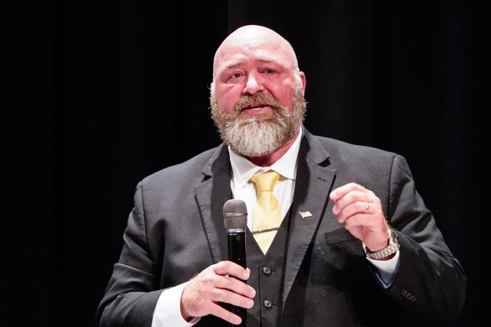 Larry Savage attends a League of Women Voters forum on Thursday, April 4, 2024, at Anderson High School Auditorium in Anderson Ind. The forum included Republican and Democratic candidates running for the 5th Congressional District.