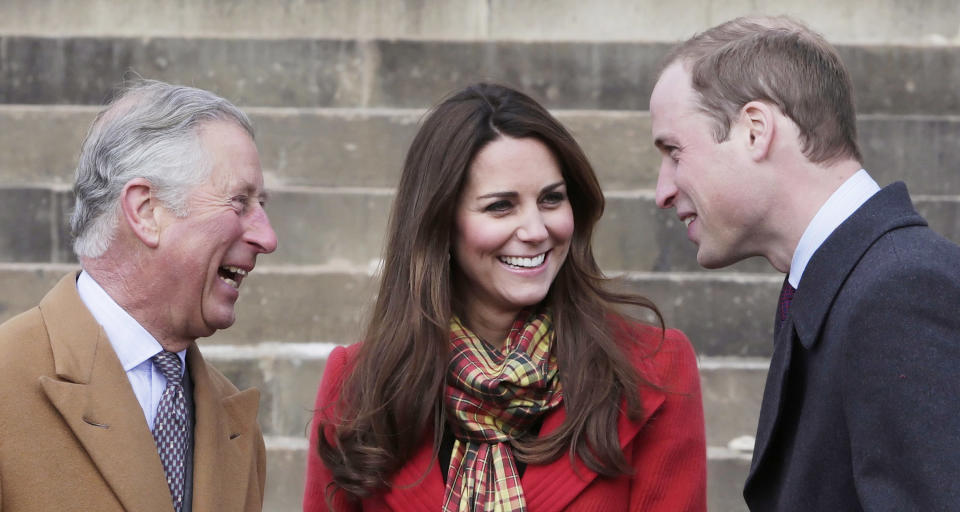 AYRSHIRE, UNITED KINGDOM- MARCH 05: Prince Charles, Duke of Rothesay, Catherine, Countess of Strathearn and Prince William, Earl of Strathearn share a joke during a visit to Dumfries House on March 05, 2013 in Ayrshire, Scotland. The Duke and Duchess of Cambridge braved the bitter cold to attend the opening of an outdoor centre in Scotland today. The couple joined the Prince of Wales at Dumfries House in Ayrshire where Charles has led a regeneration project since 2007. Hundreds of locals and 600 members of youth groups including the Girl Guides and Scouts turned out for the official opening of the Tamar Manoukin Outdoor Centre. (Photo by Danny Lawson - WPA Pool/Getty Images)