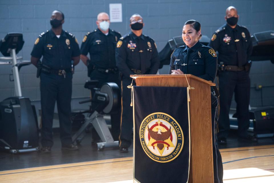 Class President René Helton speaks during the graduation of Montgomery Police Academy class of 2020-B in Montgomery, Ala., on Thursday, Oct. 15, 2020.